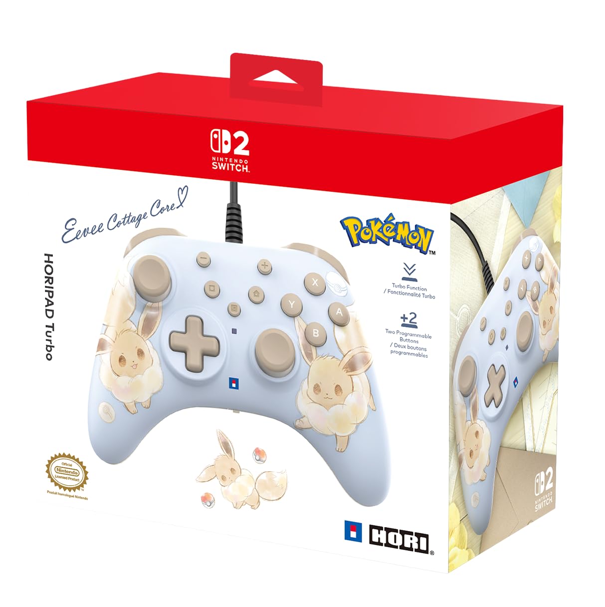 Hori Manette filaire pad Turbo Évoli Cottage Core pour Nintendo Switch 2 Nintendo Switch et Nintendo Switch OLED