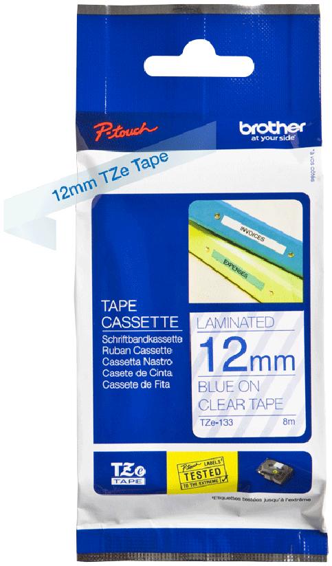 BROTHER Ruban TZe133 12mm Bleu sur fond Transparent Laminé 8M