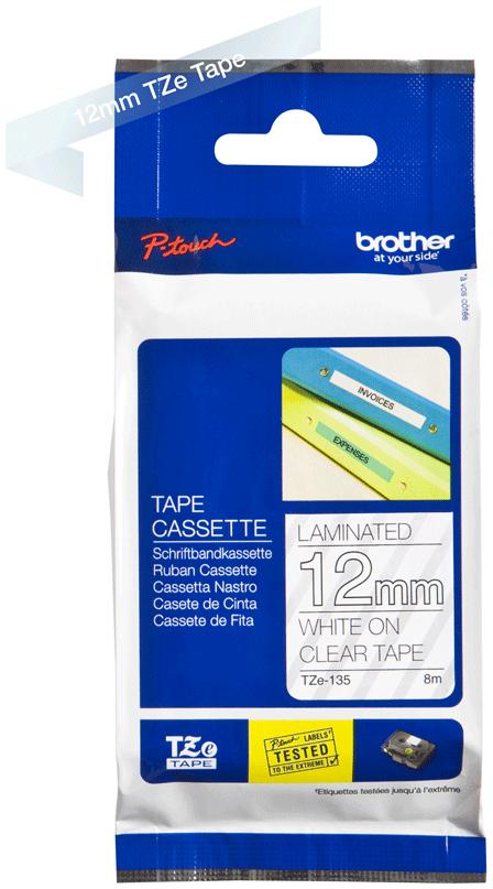 BROTHER P-TOUCH TZE-135 blanc sur clear 12mm