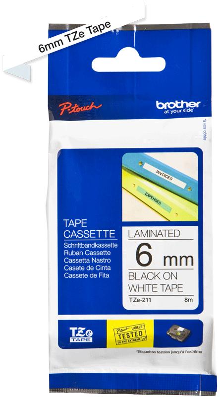 BROTHER P-TOUCH TZE-211 noir sur blanc 6mm