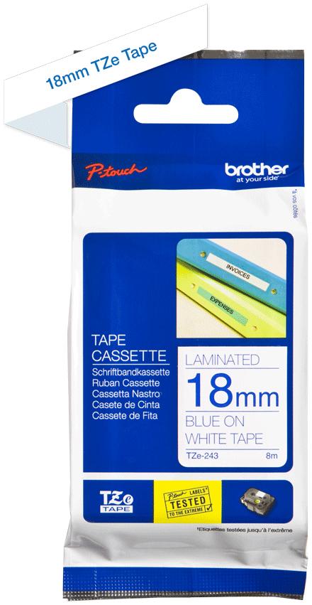 BROTHER P-TOUCH TZE-243 bleu sur blanc 18mm