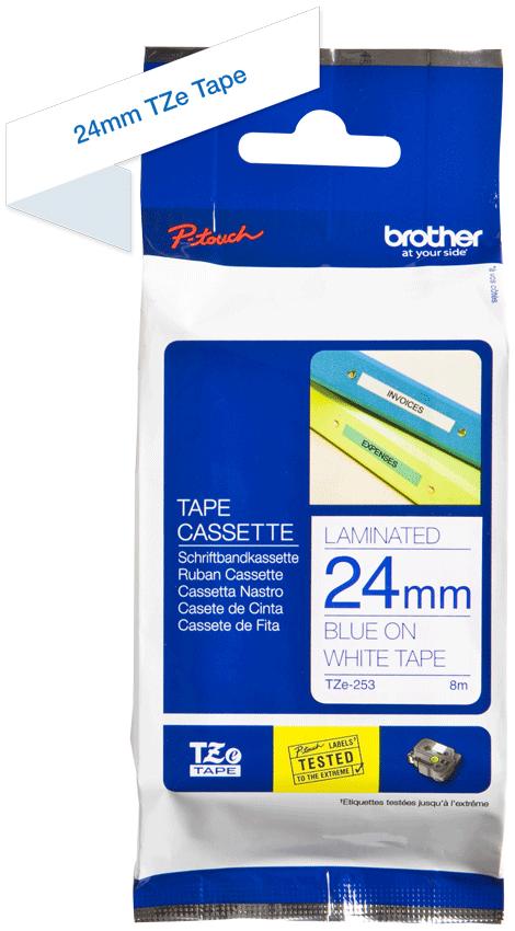 BROTHER P-TOUCH TZE-253 bleu sur blanc 24mm