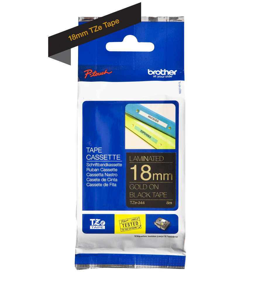BROTHER P-TOUCH TZE-344 gold sur noir 18mm