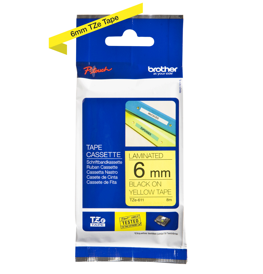 BROTHER P-TOUCH TZE-611 noir sur jaune 6mm
