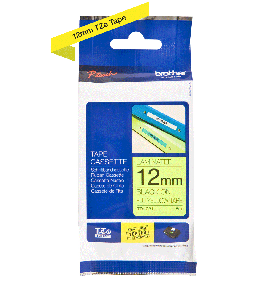BROTHER P-TOUCH TZE-C31 noir sur neonjaune 12mm