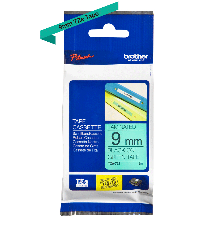 BROTHER P-TOUCH TZE-721 noir sur vert 9mm