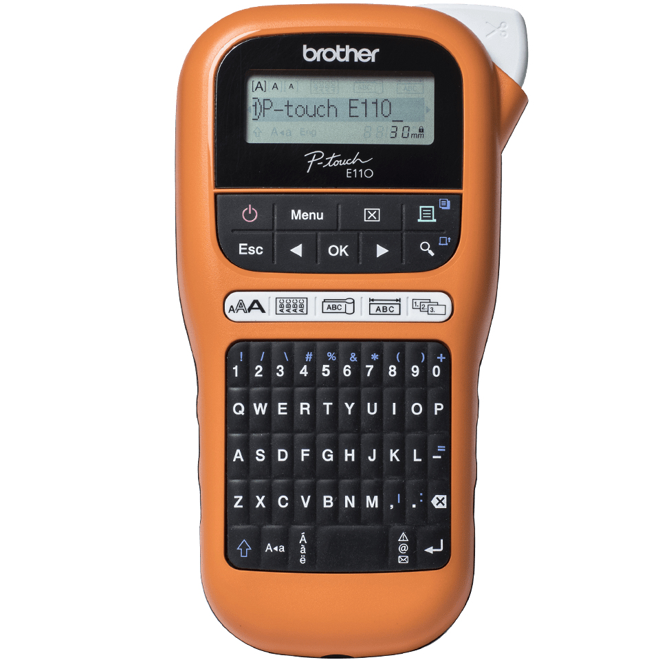 BROTHER Draagbaar industrieel model (oranje/zwart) 3.5/6/9/12mm TZe-tape. 2 regels printen. QWERTY en 123 toetsenbord. LCD scherm. (incl. koffer/adapter/9 mm Z/W)