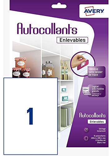 Avery Papier créatif 8 Autocollants Blancs Mat 19.96x28.91cm