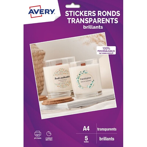 Avery 5 feuilles stickers ronds transparents brillants