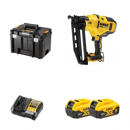 DeWalt Cloueur de finition 18V DCN660N-XJ + 2 batteries 18V 5 Ah + chargeur DCB1104-QW