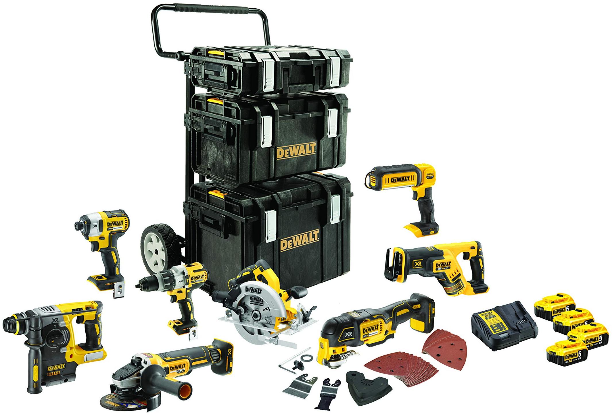DeWalt Pack 8 outils 18V XR + 4 batteries 5Ah + chargeur + 3 coffrets TOUGHSYSTEM