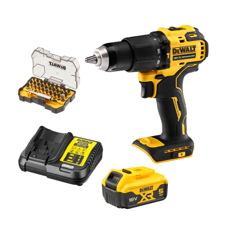 DeWalt Pack perceuse visseuse à percussion 18V DCD709N-XJ + 1 batterie 18V 5Ah + 1 Chargeur DCB1104-QW + 1 Coffret de 30 embouts