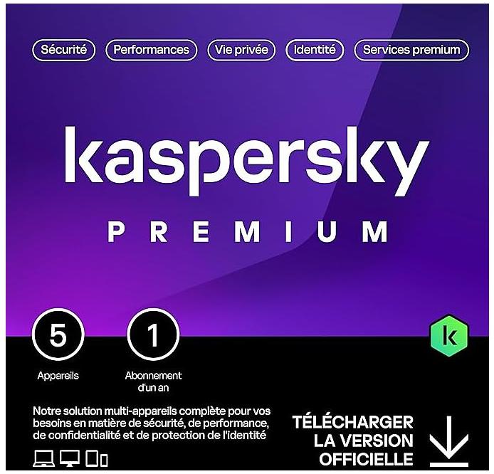 KASPERSKY Modèle : logiciel antivirus et optimisation premium 5 appareils 1an