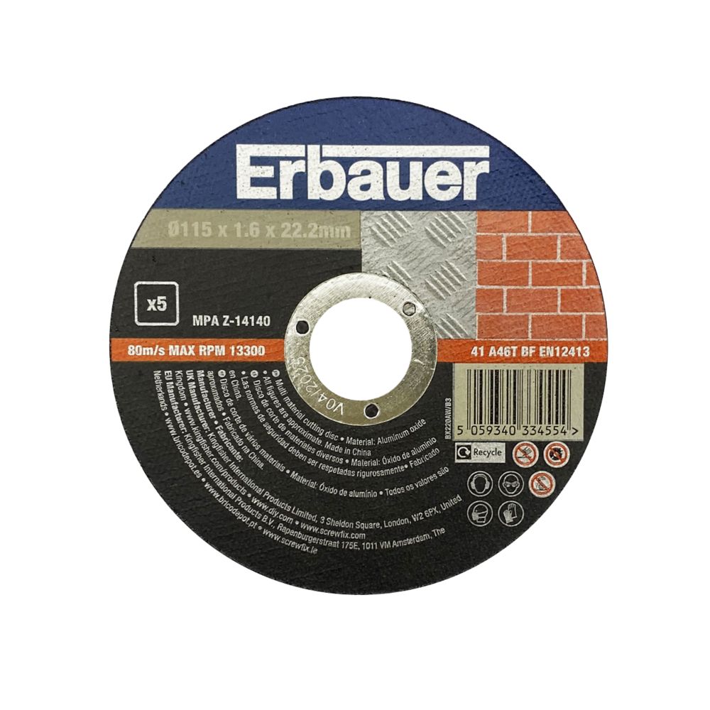 Erbauer Lot de 5 disques à tronçonner multimatériaux 115 mm x 1,6 mm x 22,2 mm