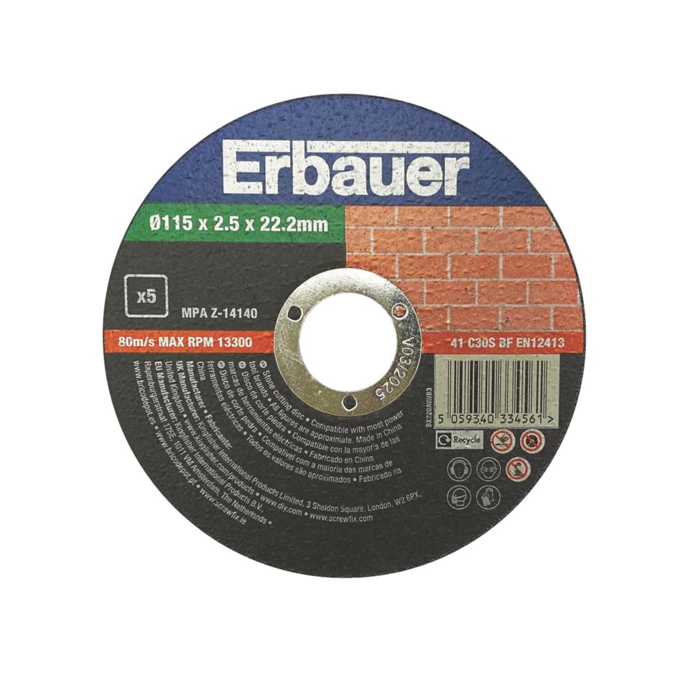Erbauer Lot de 5 disques à tronçonner pierre 115 mm x 2,5 mm x 22,2 mm