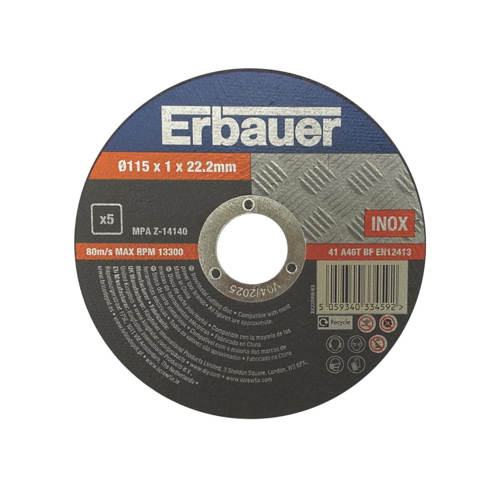 Erbauer Lot de 5 disques à tronçonner métal 115 mm x 1 mm x 22,2 mm