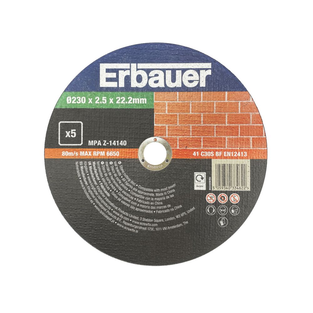 Erbauer Lot de 5 disques à tronçonner pierre 230 mm x 2,5 mm x 22,2 mm