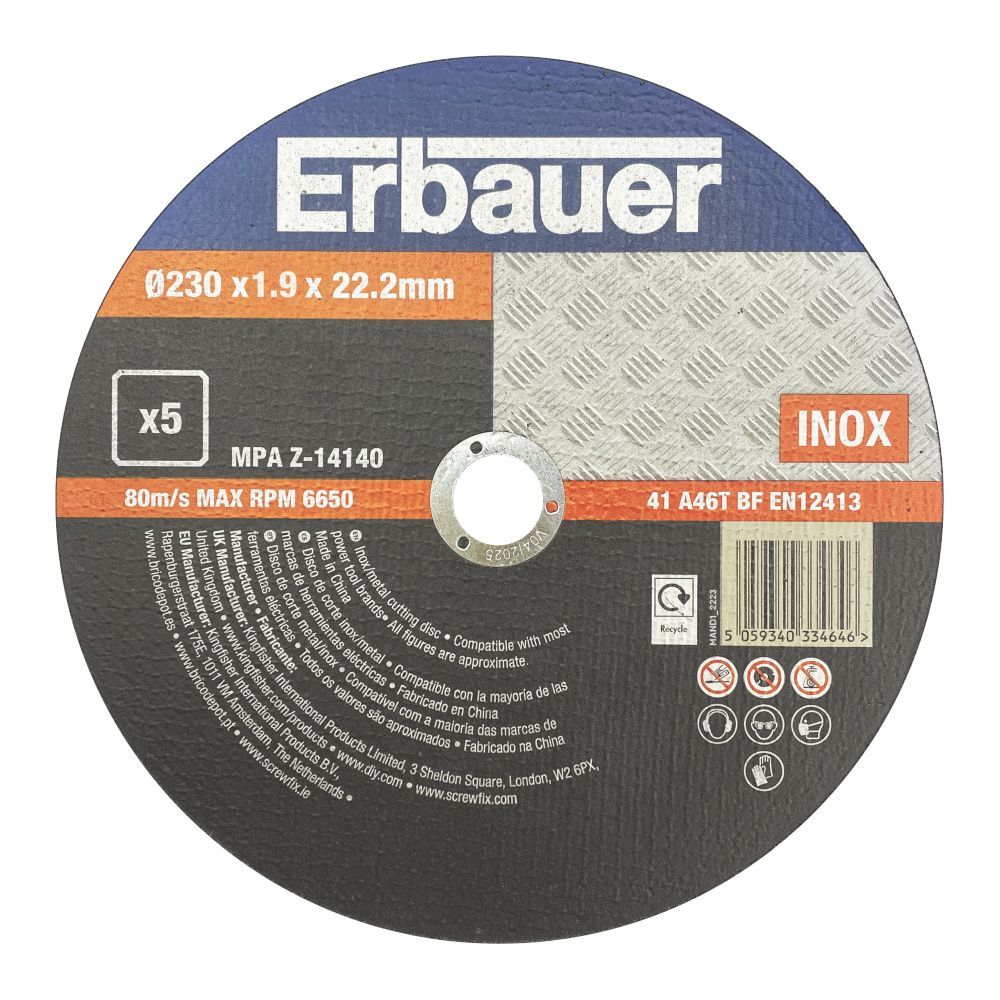 Erbauer Lot de 5 disques à tronçonner métal 230 mm x 1,9 mm x 22,2 mm