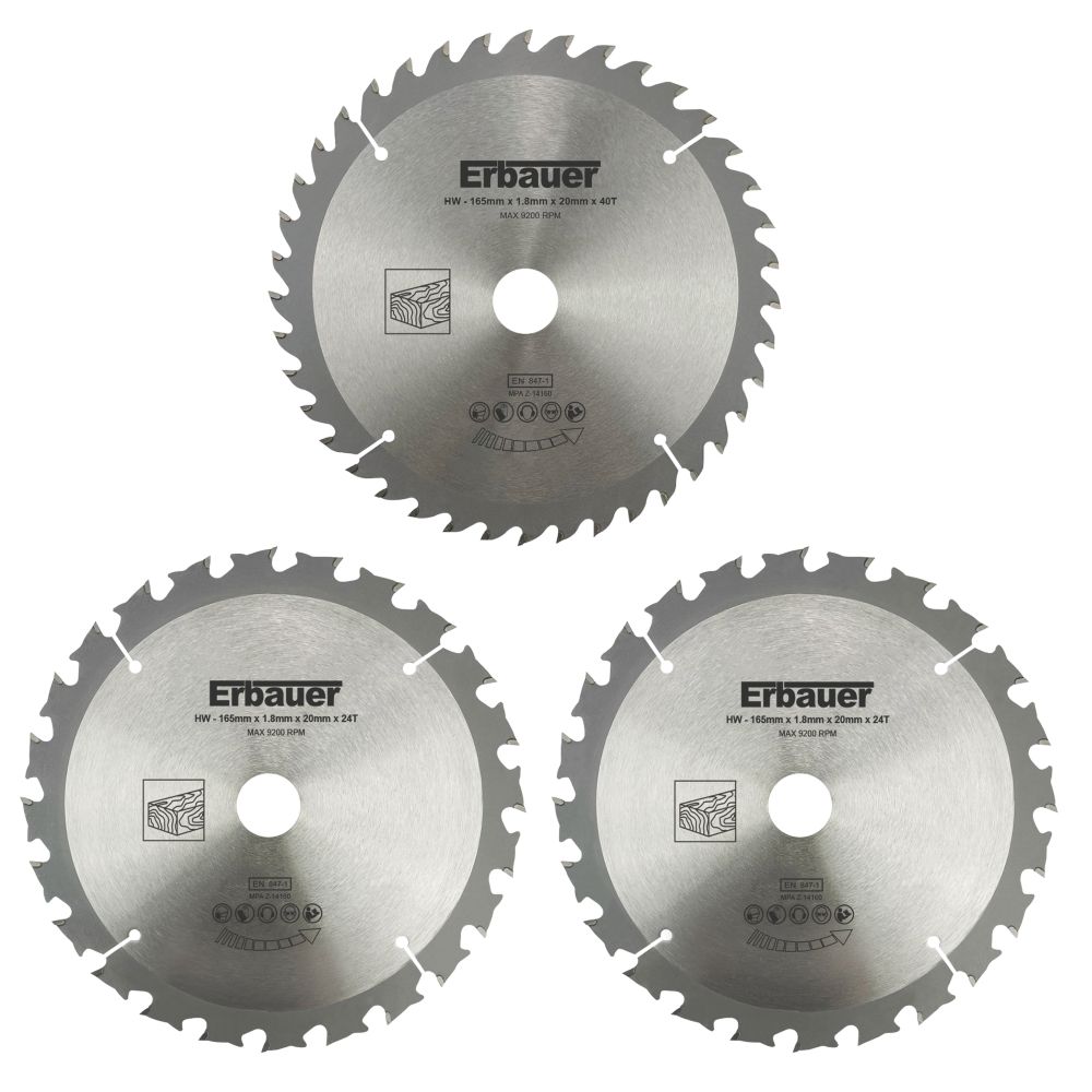 Erbauer Lot de 3 lames de scie circulaire bois 165mm x 20mm 24/40 dents
