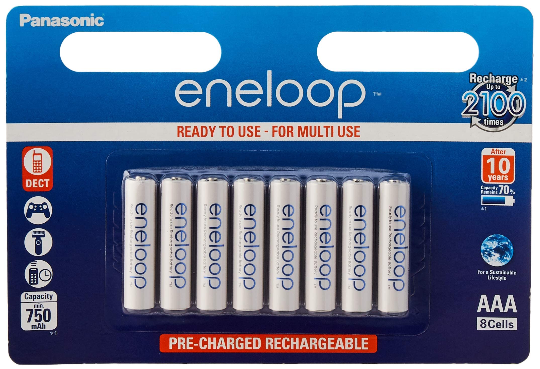 Panasonic Panasonic Lot de 8 piles rechargeables Eneloop type AAA 1,2V - 750 mAh (R03)
