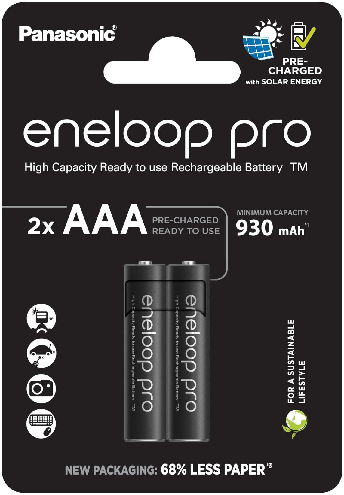 Panasonic Lot de 2 piles rechargeables Eneloop Pro type AAA 1,2V - 950 mAh (R03)