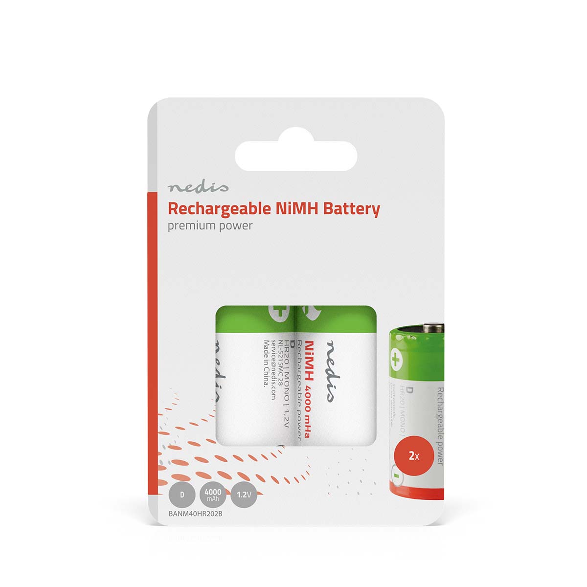 Nedis Pile rechargeable Ni-MH-D 1.2 V DC 4000 mAh Pré chargé Paquet de 2 HR20