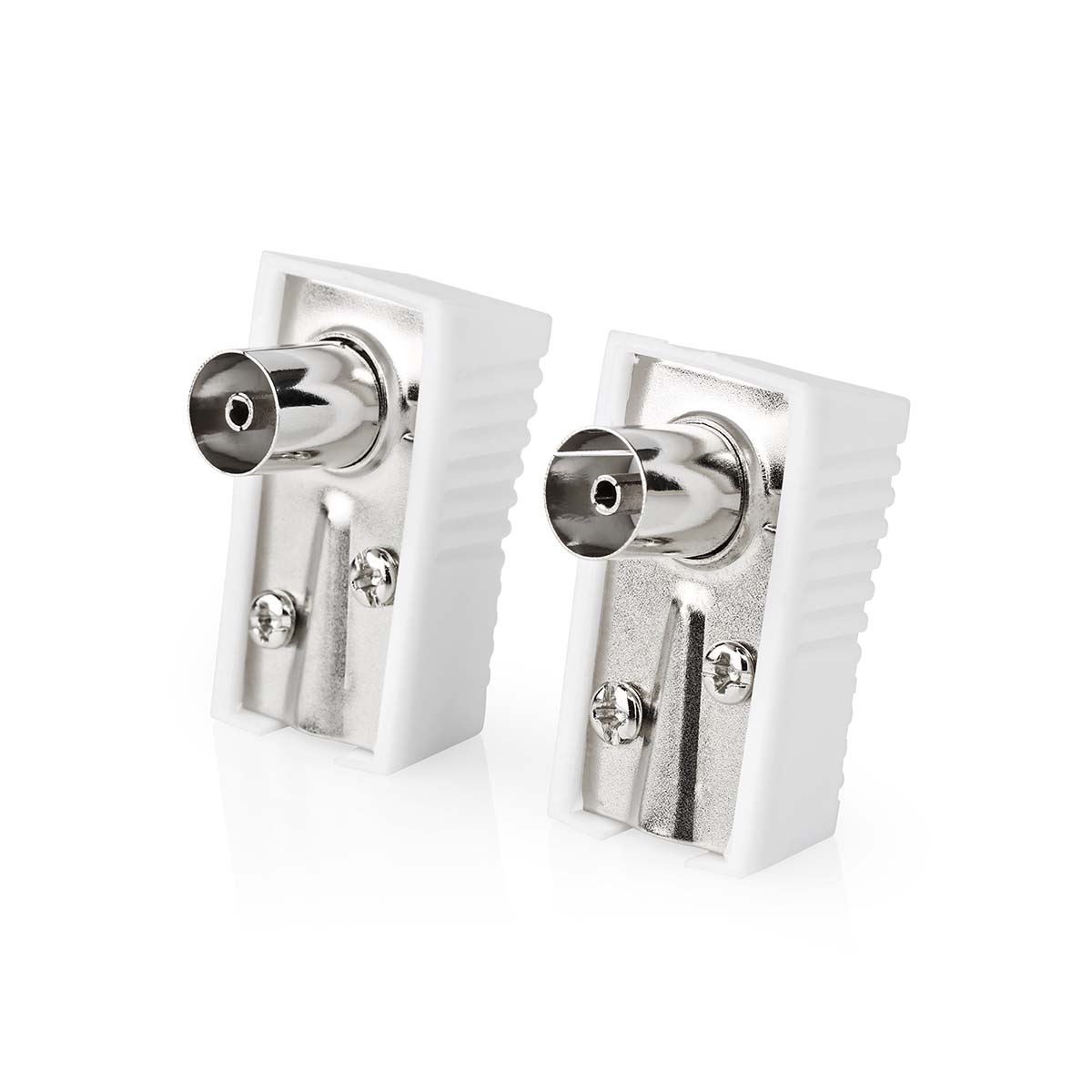 Nedis Conencteur IEC ( Coax) Coudé Femelle Plaqué nickel 75 Ohm Vis Diamètre d'entrée de câble: 7.0 mm Métal / PVC Blanc 2 pièces Enveloppe