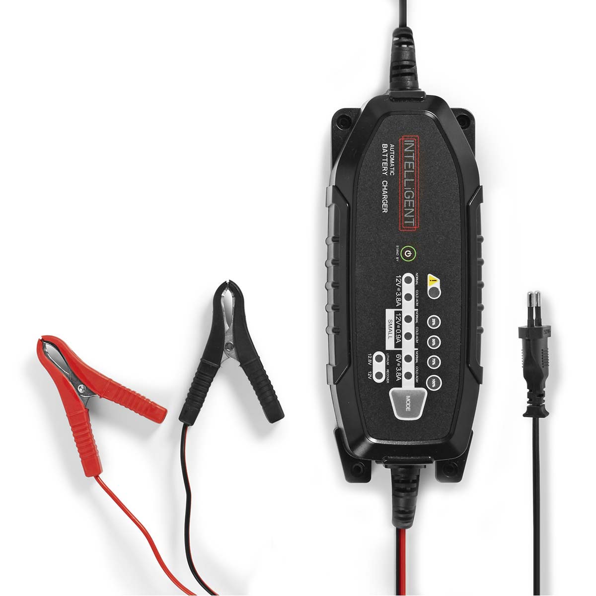 Nedis Chargeur de batterie en plomb acide 6 / 12 / 12.8 V DC 3.8 A charge de maintien Euro / Type C (CEE 7/16) Pinces batterie Alimentation par batterie: AGM / Gel / Lead Acid / SLA / VRLA Noir