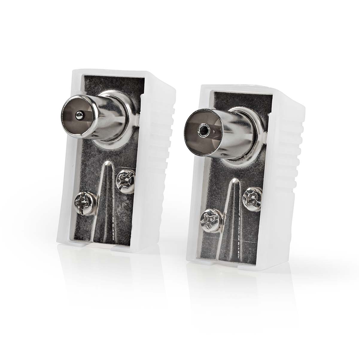 Nedis Conencteur IEC ( Coax) Coudé Femelle / Mâle Plaqué nickel 75 Ohm Vis Diamètre d'entrée de câble: 7.0 mm Métal / PVC Blanc 2 pièces Boîte