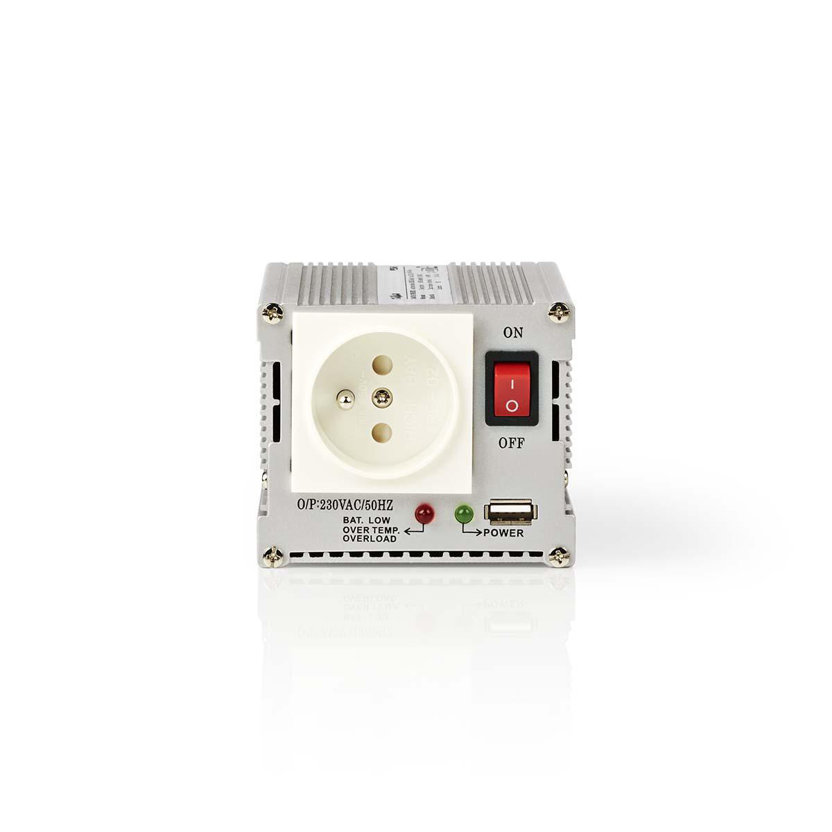 Nedis Convertisseur de tension modifiée onde sinusoïdale Tension d'entrée: 24 V DC Connexion (s) de sortie d'alimentation de l'appareil: Type E (CEE 7/5) / USB-A 230 V AC 50 Hz 300 W Puissance de sortie maximale: 600 W Batterie de serrage + al