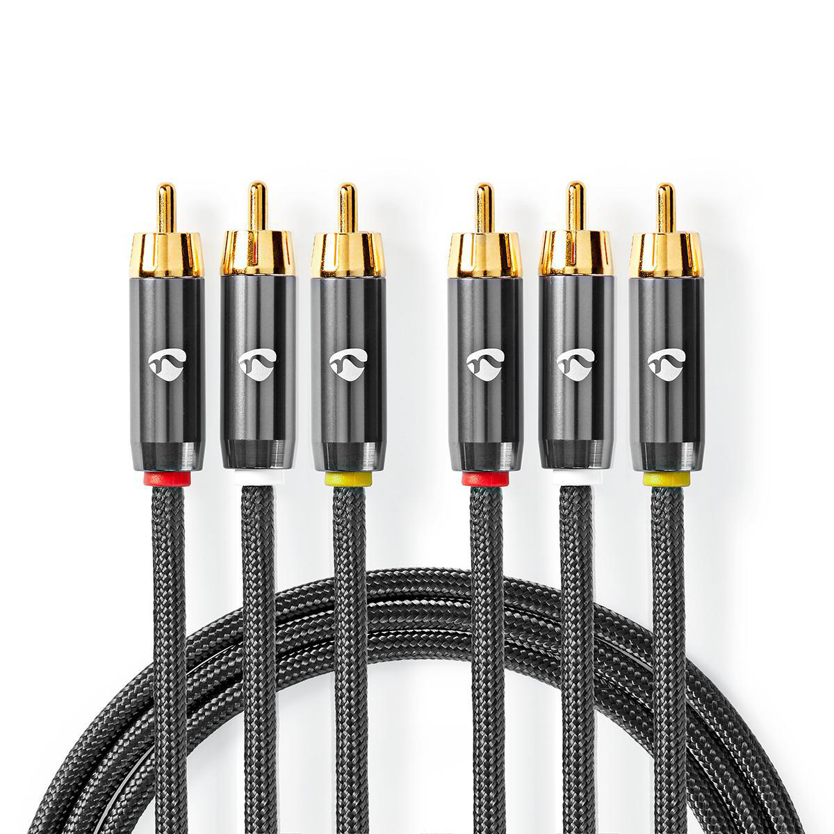 Nedis Câble vidéo composite 3x RCA mâle 3x RCA mâle Plaqué or 480p 2.00 m Rond Coton Anthracite / Gris Métal Gun Sachet avec Fenetre