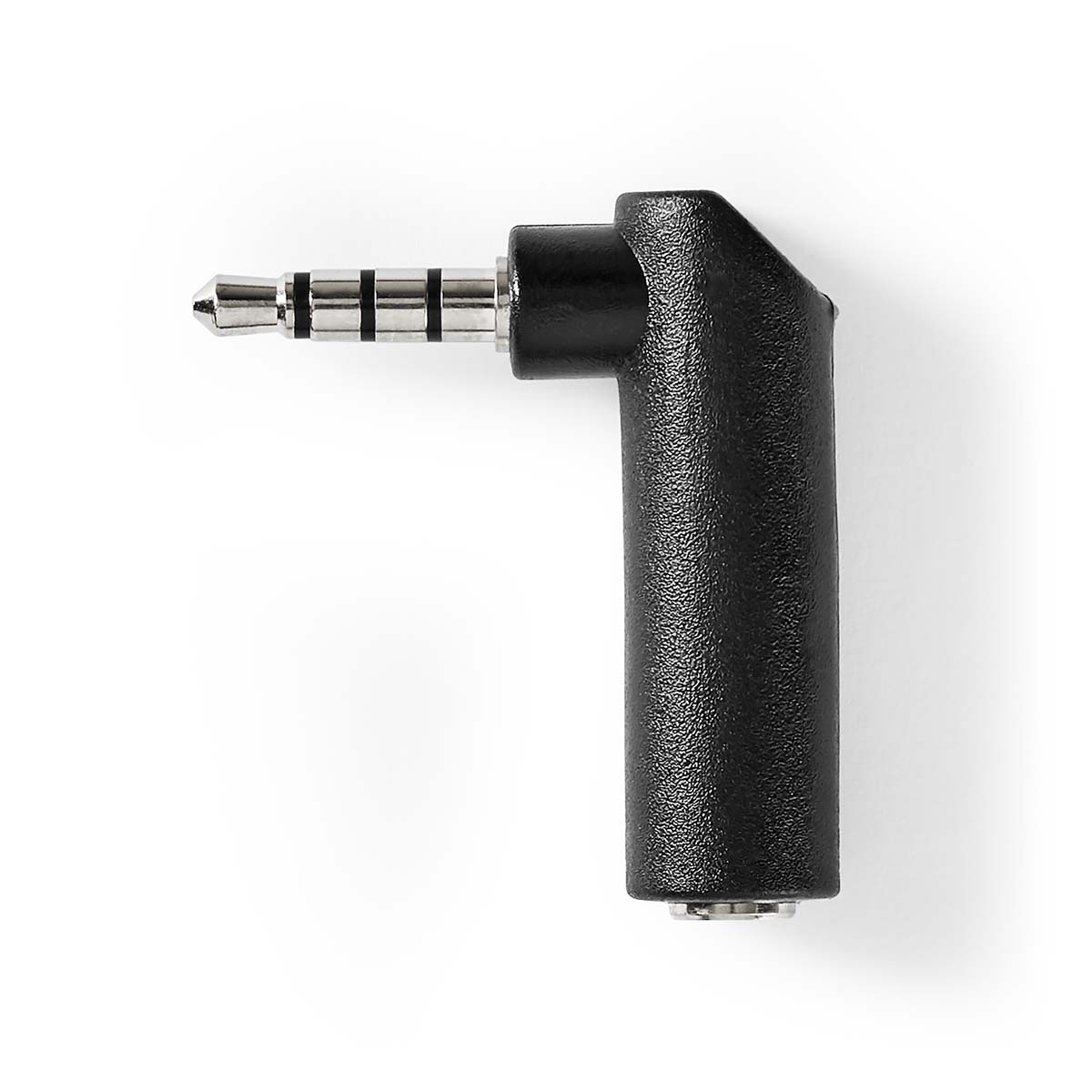 Nedis Adaptataeur audio stéréo 3.5 mm Mâle 3.5 mm Femelle Plaqué nickel Coudé à 90° Métal Noir 1 pièces Boîte