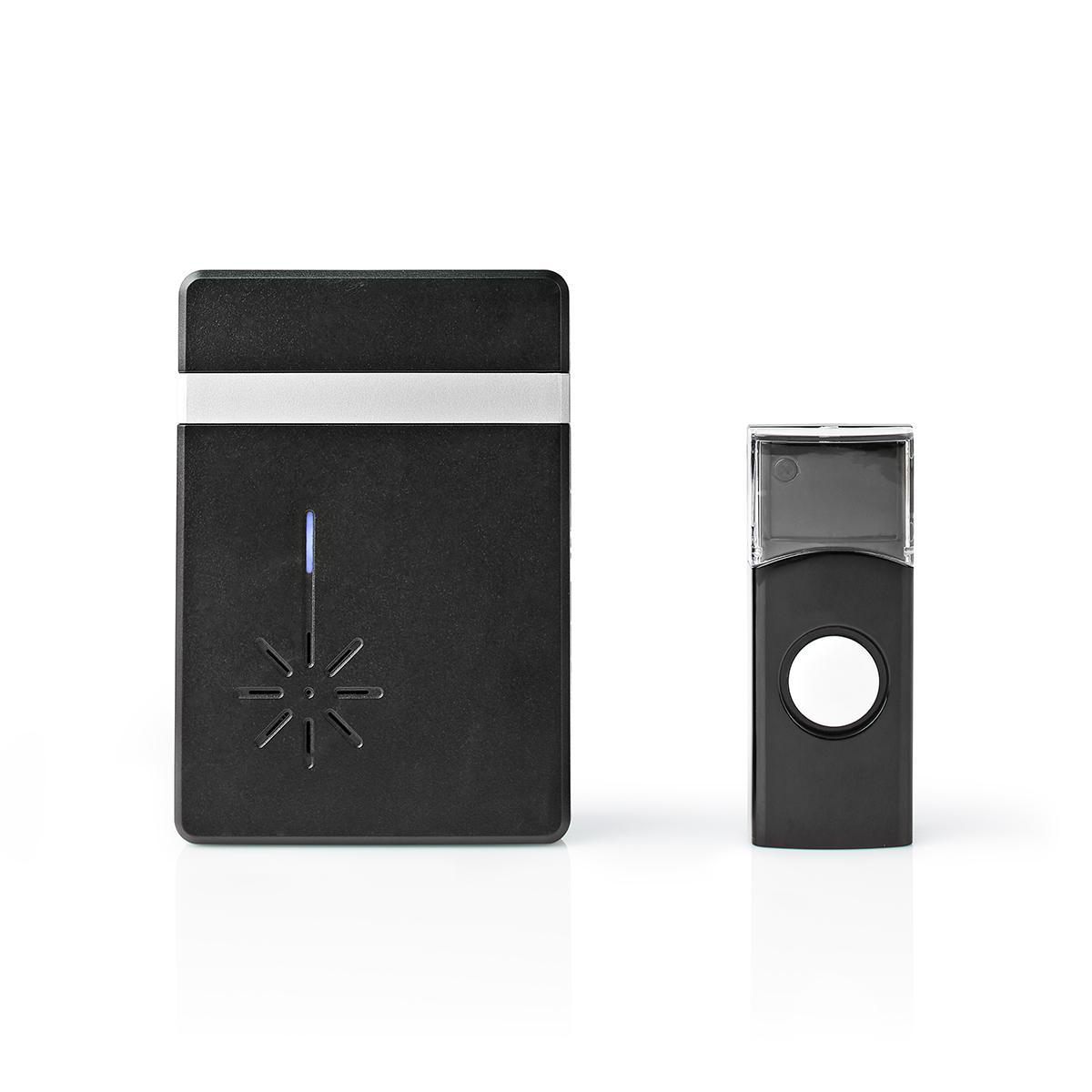 Nedis Kit de sonnette sans fil Alimenté par pile 3 V DC 1x CR2032 Volume: 80 dB Portée du signal: 300 m IP44 36 Mélodies 1 Récepteur Noir