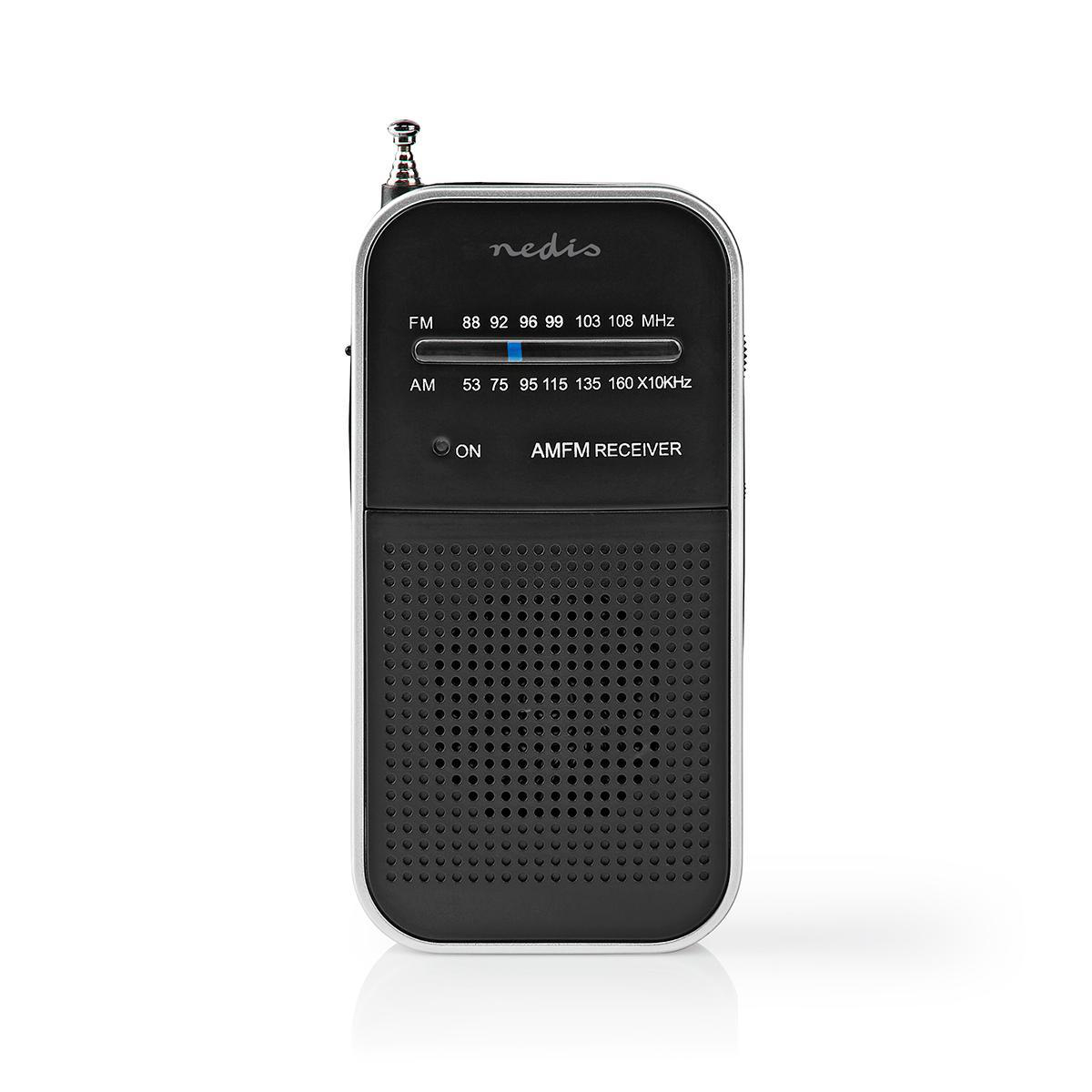 Nedis Radio FM Conception portable AM / FM Alimenté par pile Analogique 1.5 W Écran noir blanc Sortie casque IP20 Aluminium / Noir