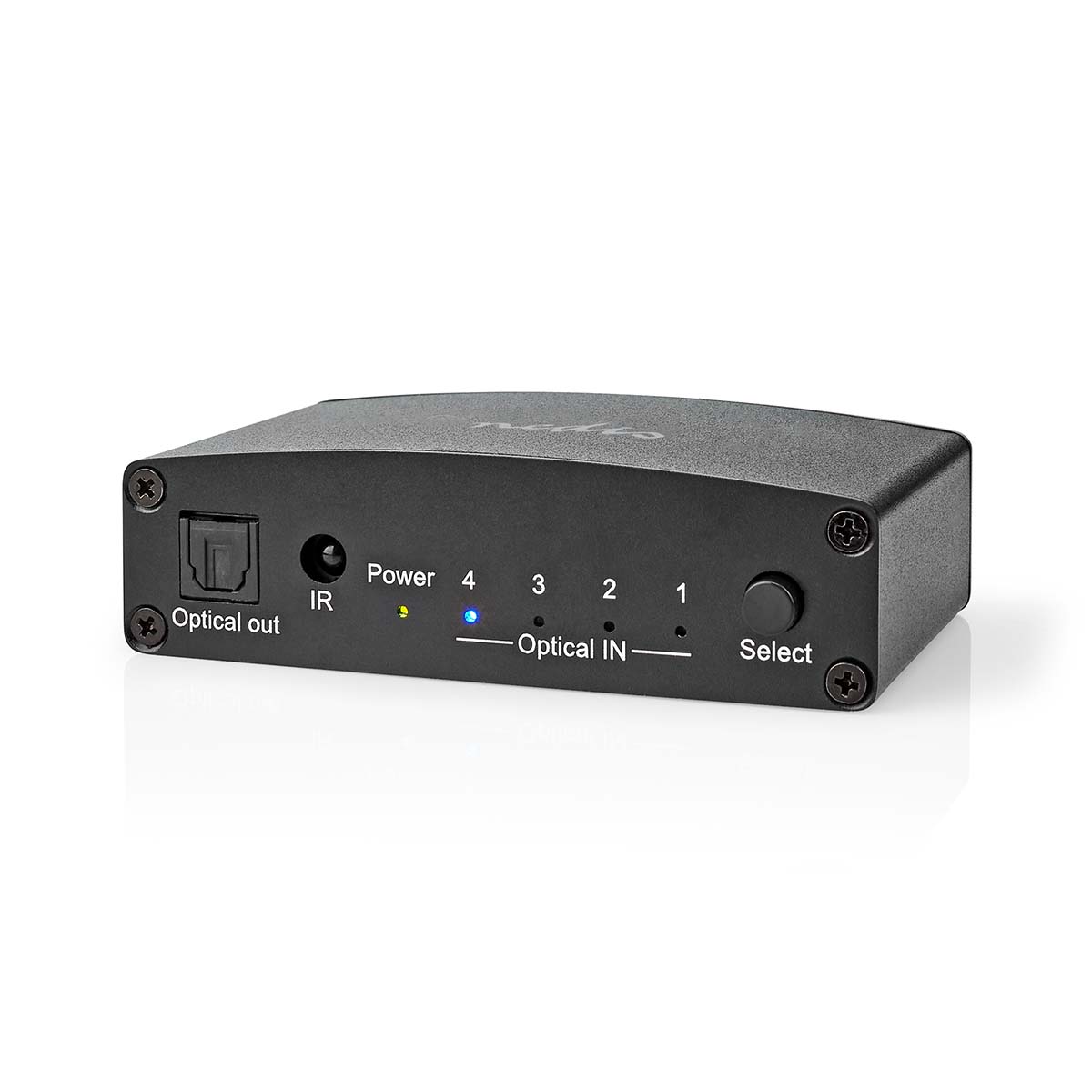 Nedis Commutateur audio numérique 4 voies Entrée de connexions: Courant continu / 4x TosLink Sortie de connexions: TosLink Femelle Button poussoir / Manuelle / Télécommande Métal Noir
