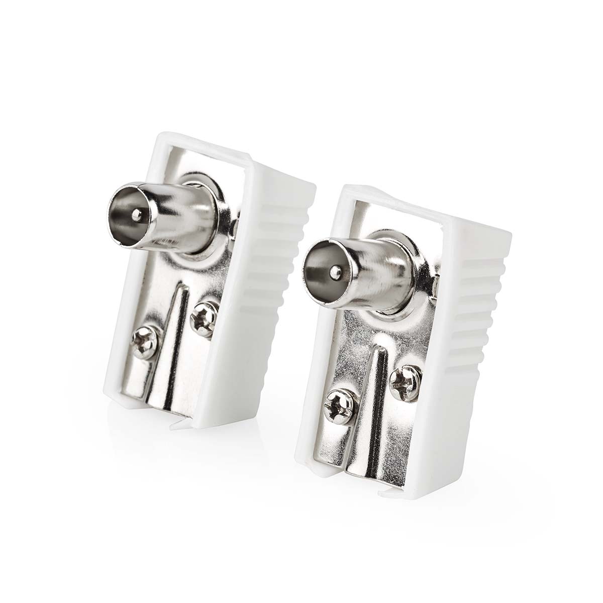 Nedis Conencteur IEC ( Coax) Coudé Mâle Plaqué nickel 75 Ohm Vis Diamètre d'entrée de câble: 7.0 mm Métal / PVC Blanc 2 pièces Boîte