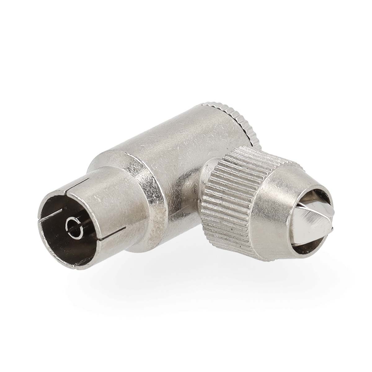 Nedis Conencteur IEC ( Coax) Coudé à 90° Femelle Plaqué nickel 75 Ohm Vis Diamètre d'entrée de câble: 7.0 mm Métal Argent 2 pièces Gift Box with Euro Lock