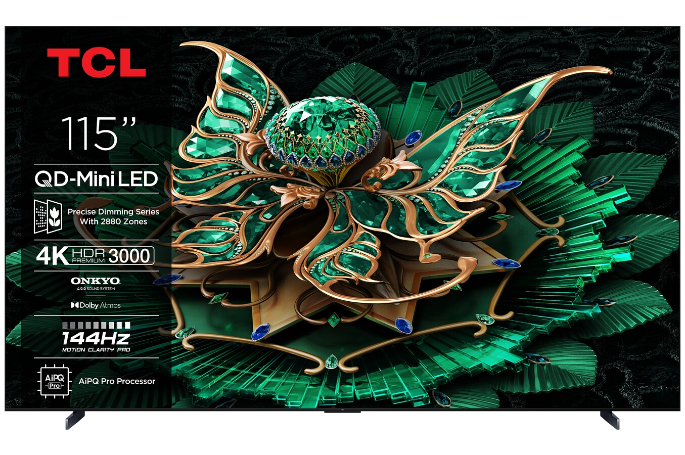 TCL 4K QD-Mini Pro 144Hz 115C7K 292 cm avec GOOGLE et système sonore Onkyo Dolby Atmos 4.2.2