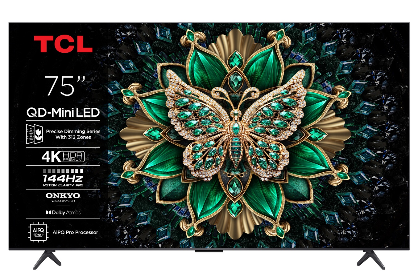TCL 4K QD-Mini 144Hz 75C69K 191 cm avec GOOGLE et système sonore Onkyo x Dolby Atmos 2.1