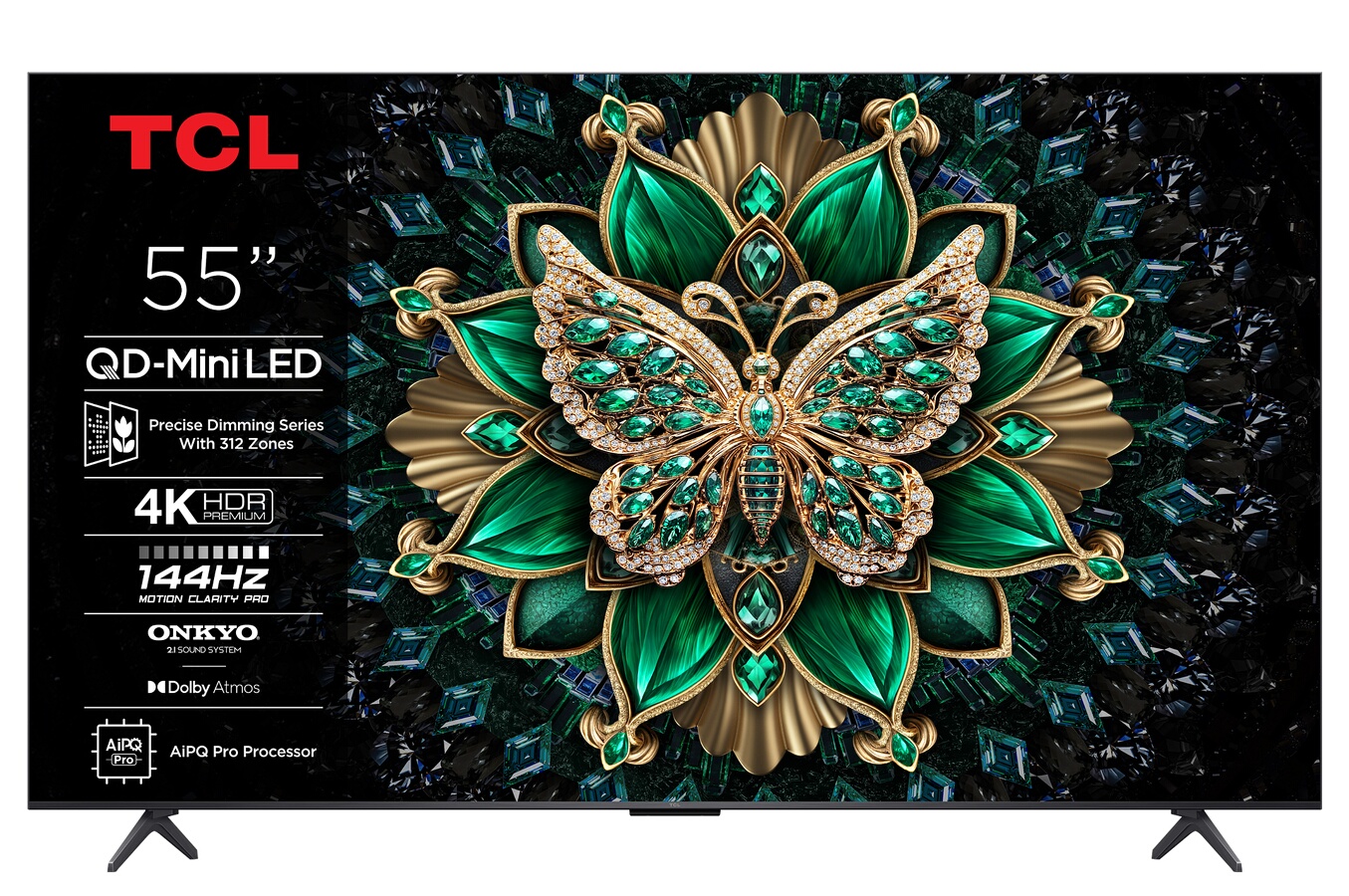 TCL 4K QD-Mini 144Hz 55C69K 140 cm avec GOOGLE et système sonore Onkyo x Dolby Atmos 2.1