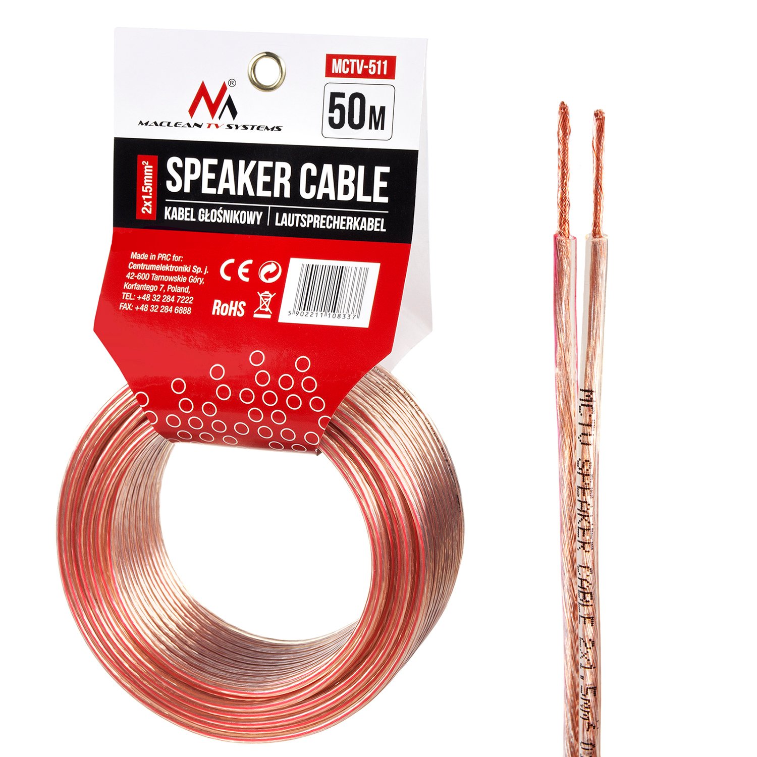 Maclean Energy Bobine de câble haut-parleur Maclean 2x1,5mm² 50m (Transparent)