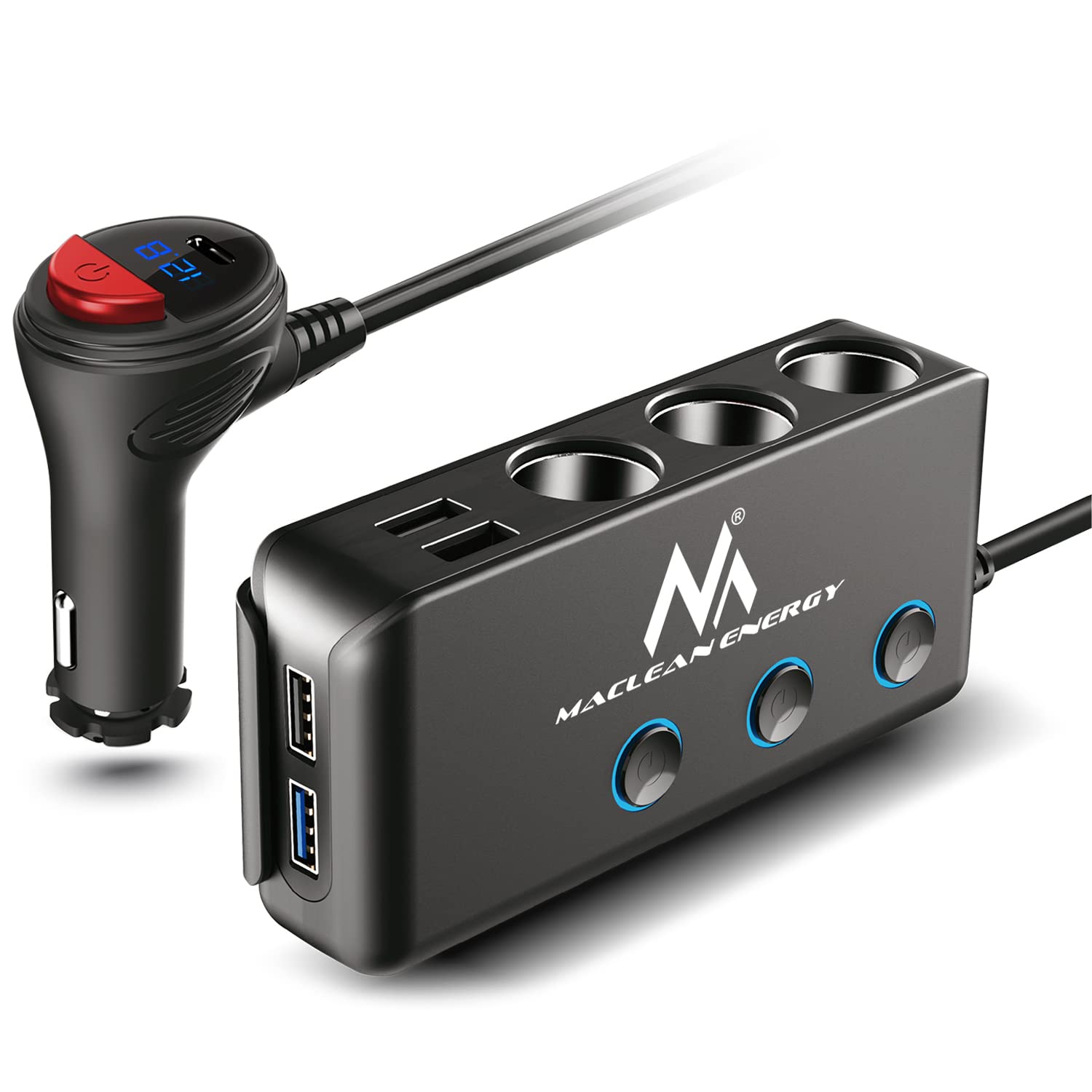 Maclean Energy Chargeur de voiture Allume Cigare Maclean 3x prises allume cigare, 3xUSB 6,8A, 1xUSB-C QC 3.0 (Gris)