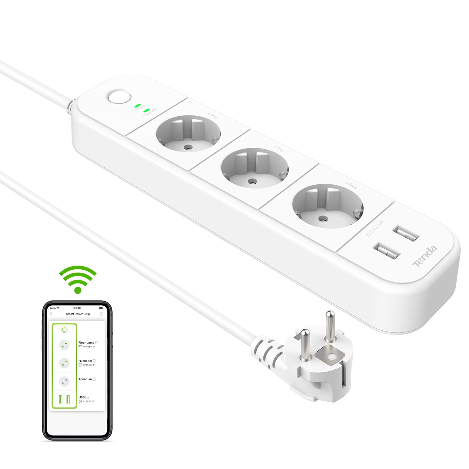 TENDA SP15 Smart Plug Wi-Fi Smart Power Strip avec 3 prises et 2 USB