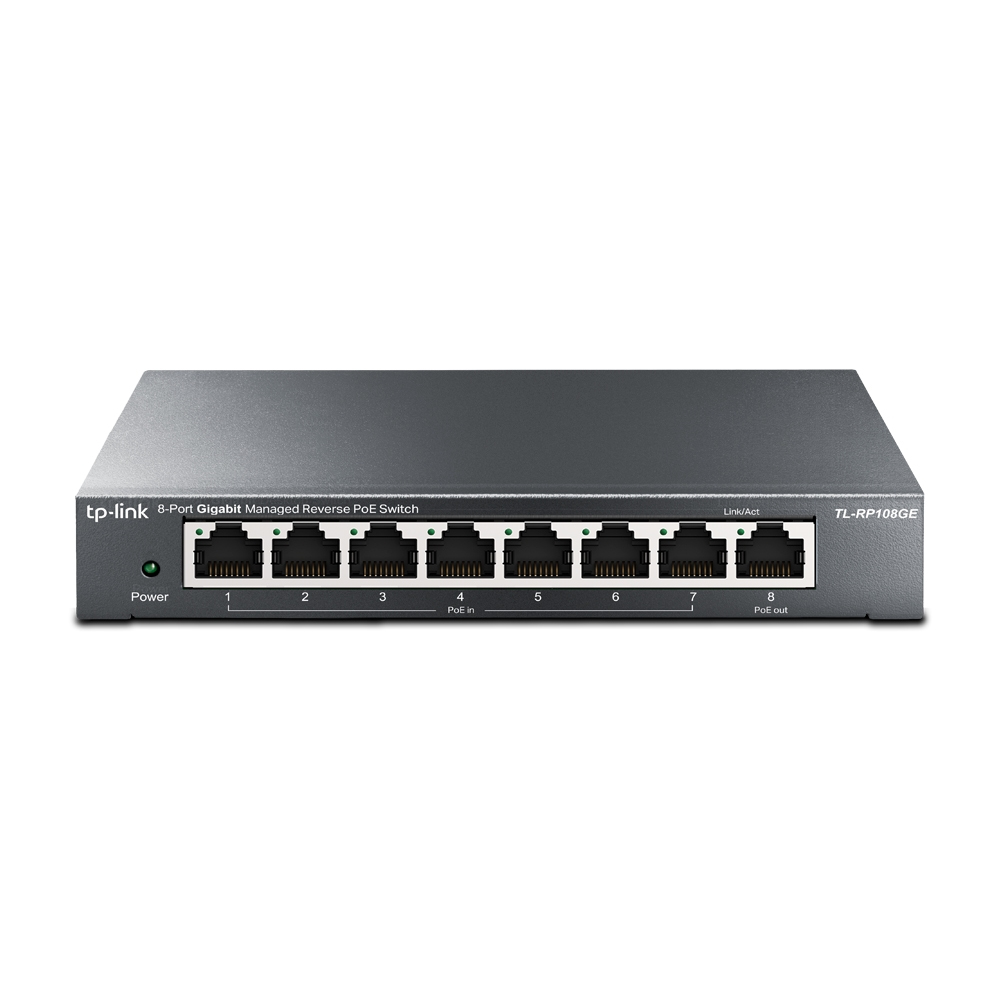 TPLINK 8-Port Gigabit Managed Reverse PoE Switch PORT: 7x Gigabit Passive PoE In Ports1x Gigabit Passive PoE Out Port 1x 5V/12V DC Out Port