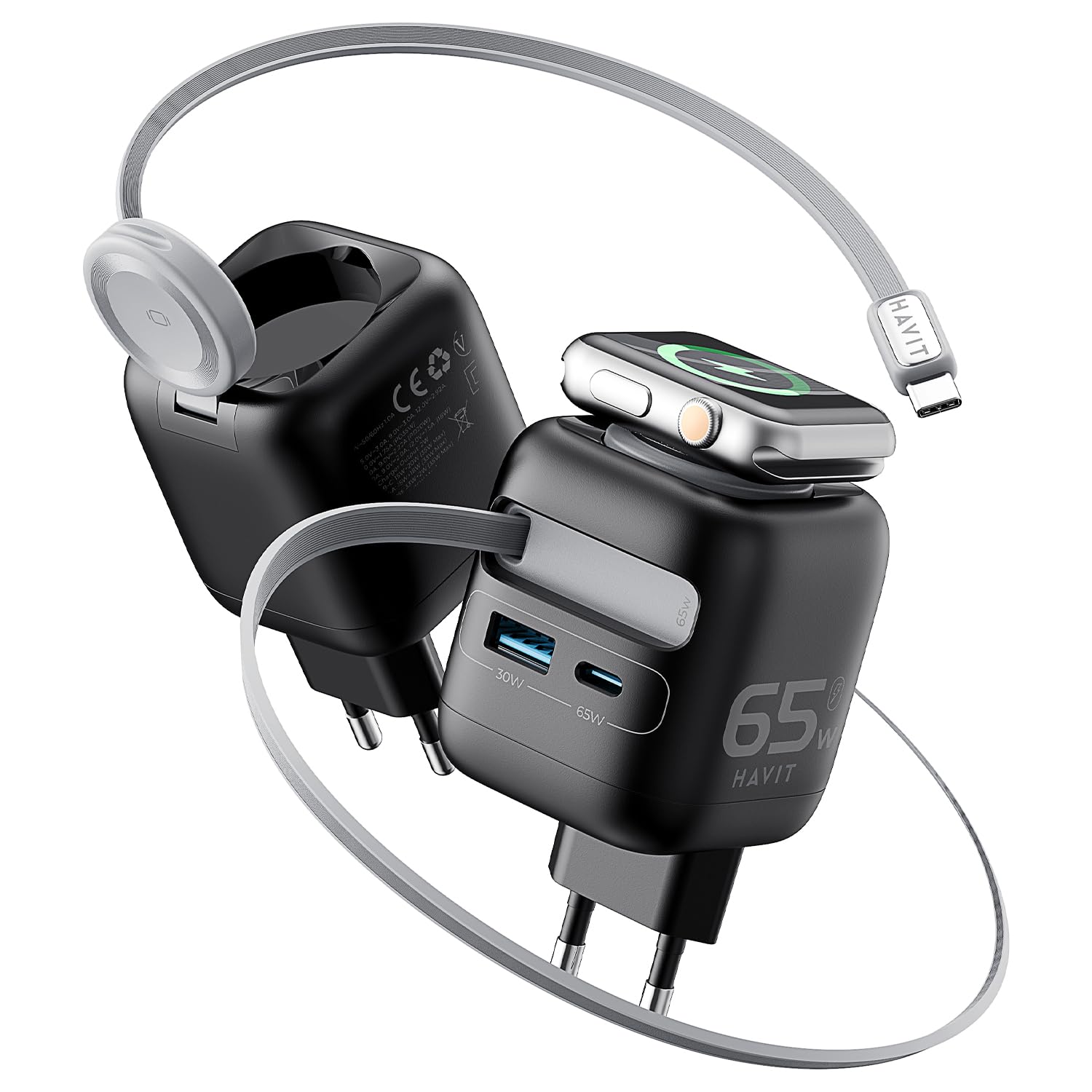 Havit Chargeur secteur UC252 - 1x USB-C + 1x USB-A 65W avec câble USB-C (Noir)