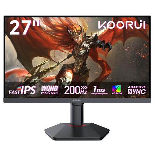 Koorui Ecran 27'' marque  G2722P 2560x1440 IPS 200Hz 1200:1 1ms 350cd/m² 2xHDMI Displayport A/O VESA HDR 400 75x75 Pied HAS Ajustable haut Pivot Inclinable Noir