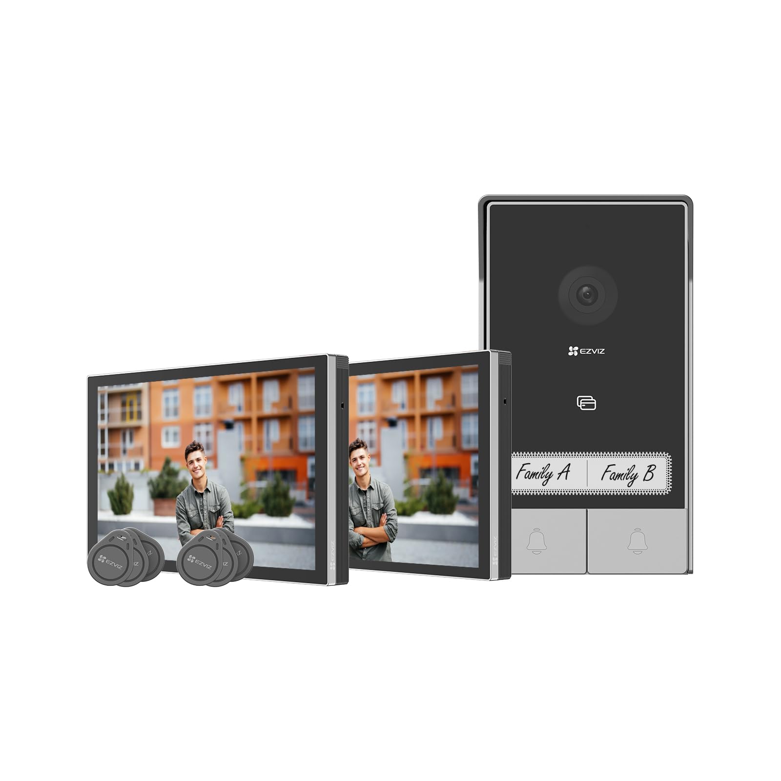 Ezviz 1. Visiophone Une platine de rue avec 2 boutons d'appels et 2 écrans interieurs. Visiophone pour maison avec un portail pour 2 habitations différentes. ?2. Moniteur tactile 7