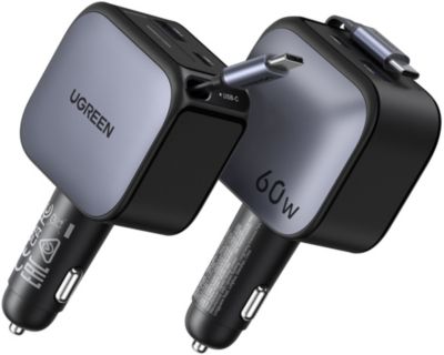 UGREEN Chargeur allume cigare  Retractable USBC/USBA Noir 60W