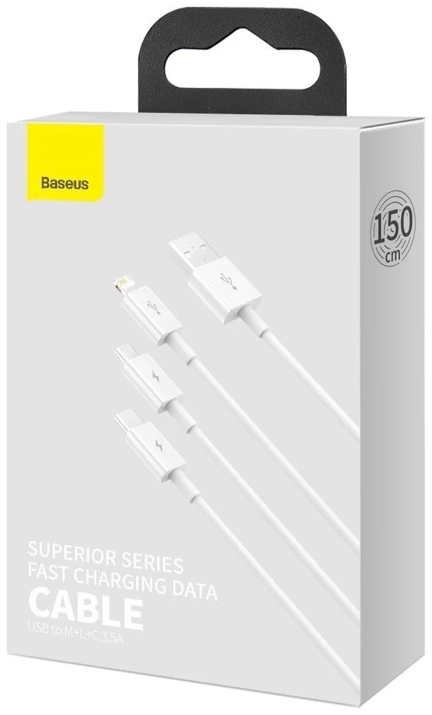 Baseus Cable 3 en 1 Superior USB 2.0 type A vers Micro USB, Type C & Lightning M/M 1,5m (Blanc)