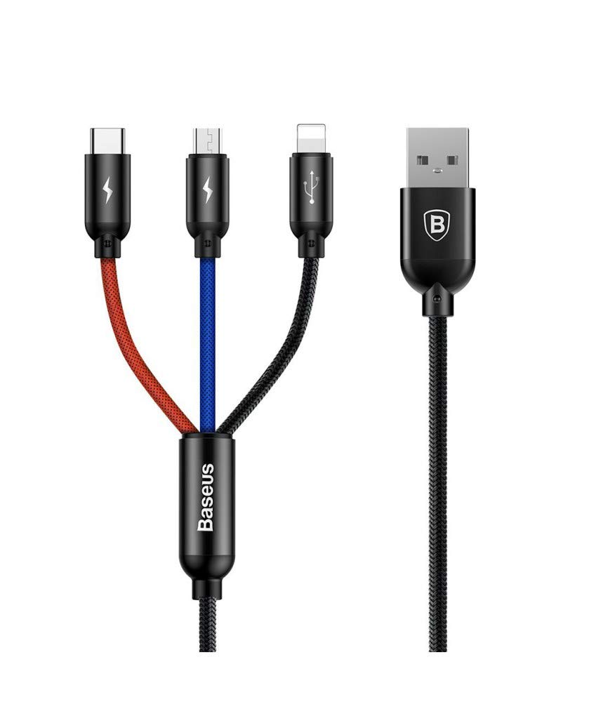 Baseus Cable 3en1 Rapid USB 2.0 type A vers Micro USB, Type C & Lightning M/M 1,2m (Noir/Rouge/Bleu)
